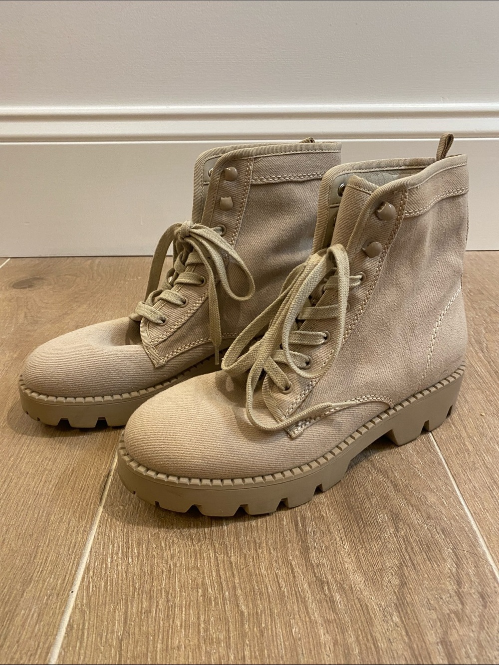 Marc Fisher Taupe Lace-Up Canvas Combat Boots